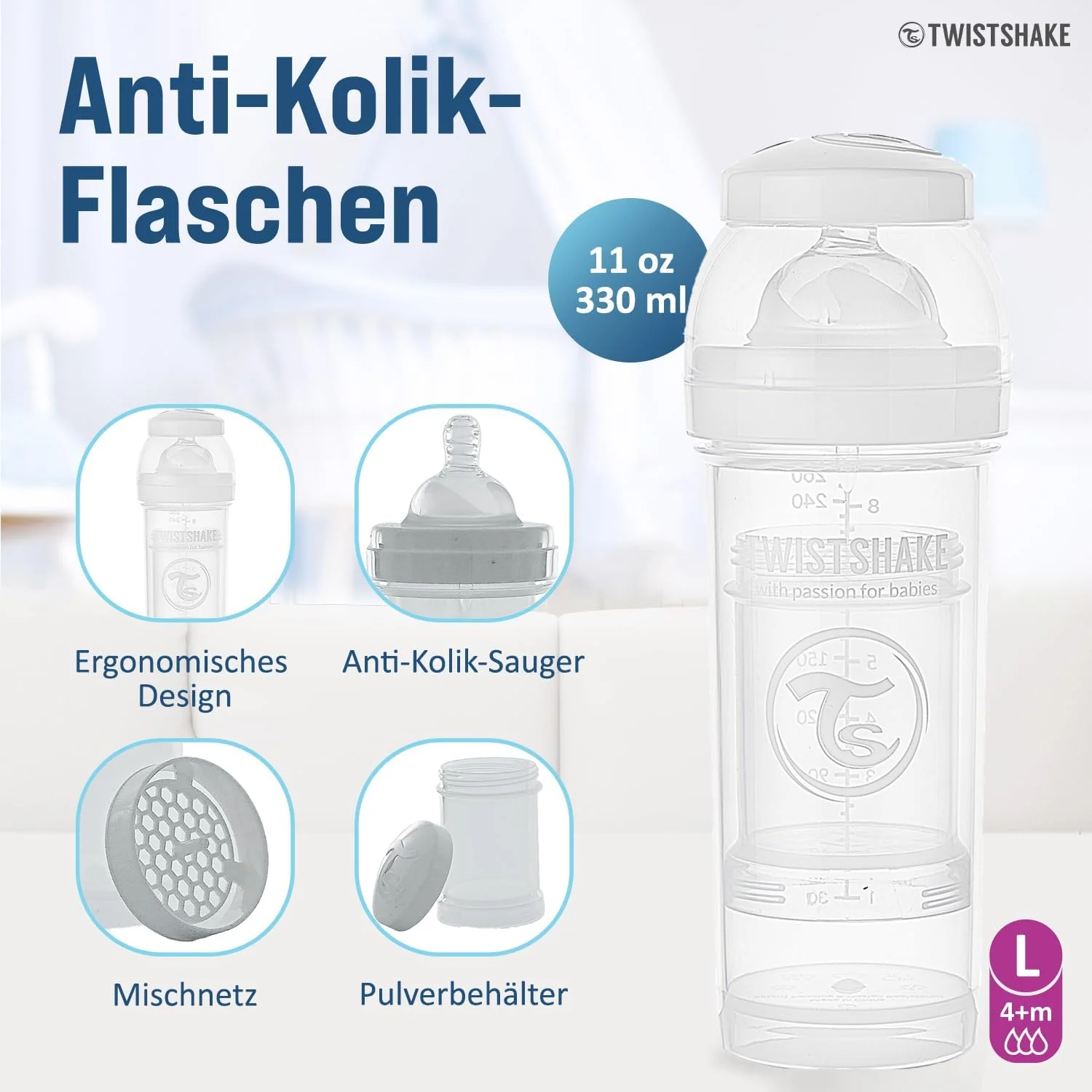 Twistshake Anti-Colic Baby Bottle with Milk Powder Container and Mixer - 330ml - Image 4
