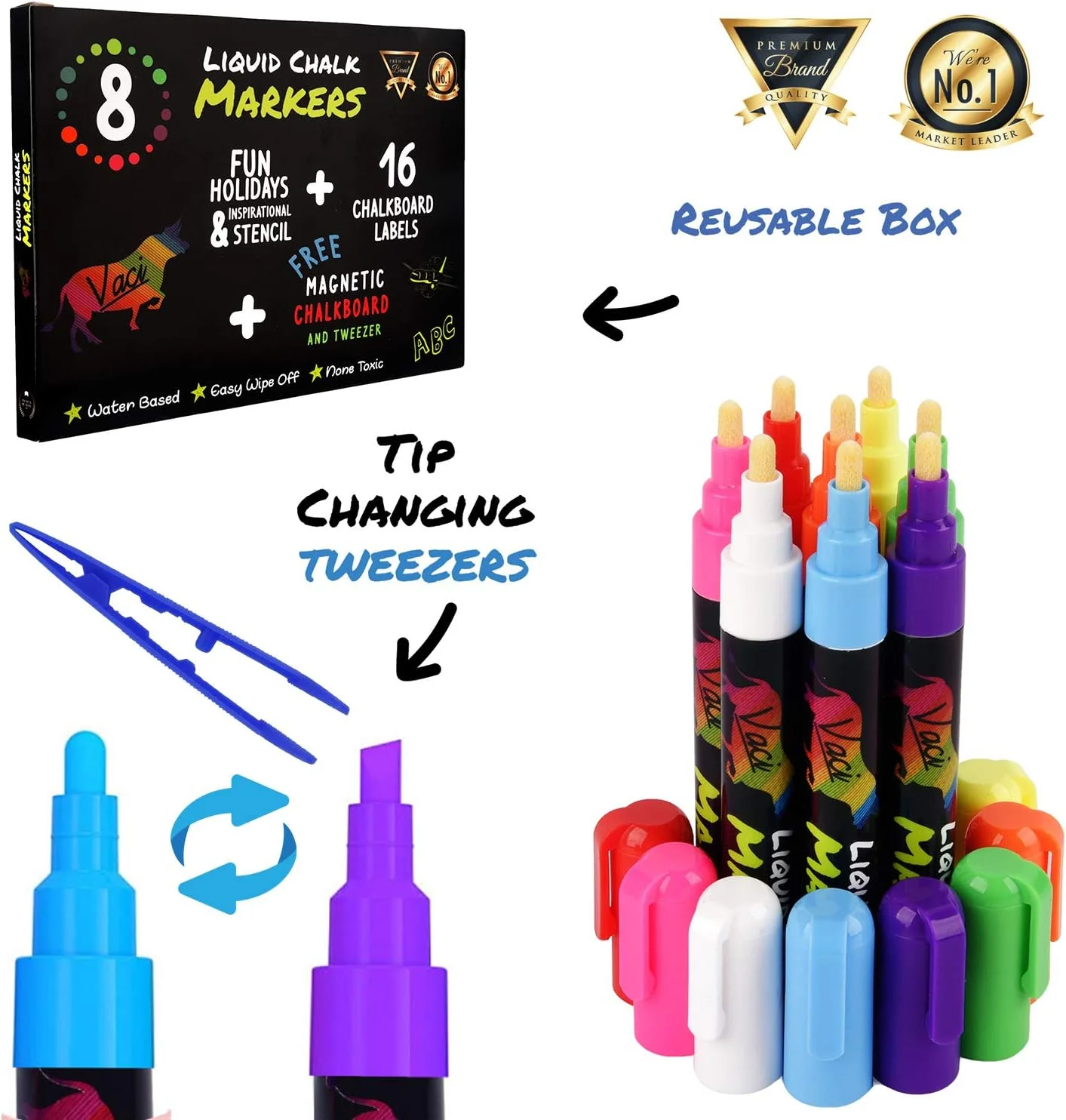 Vaci Markers 8 Liquid Chalk Markers with Magnetic Blackboard, Stencils & Labels - Image 4