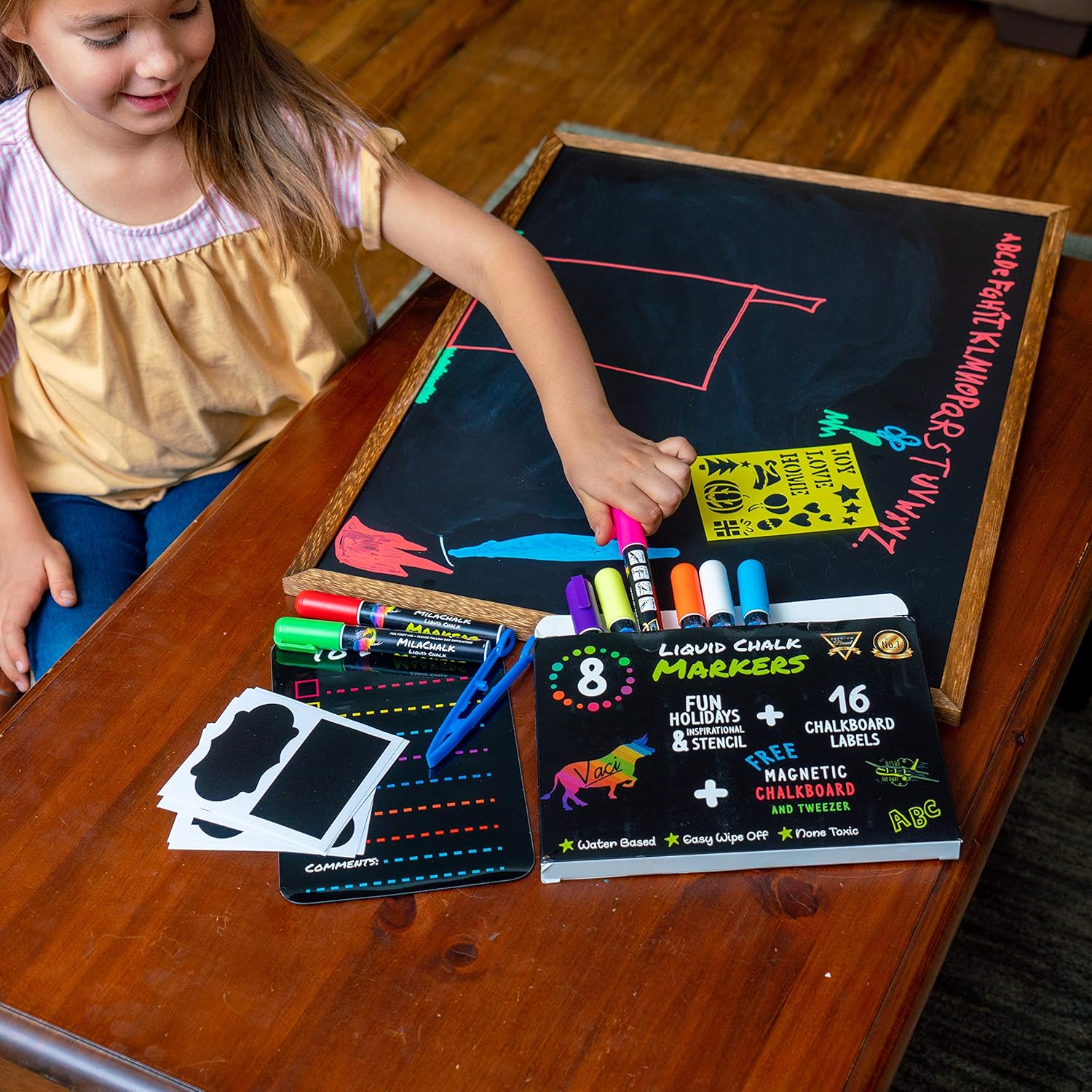 Vaci Markers 8 Liquid Chalk Markers with Magnetic Blackboard, Stencils & Labels - Image 6