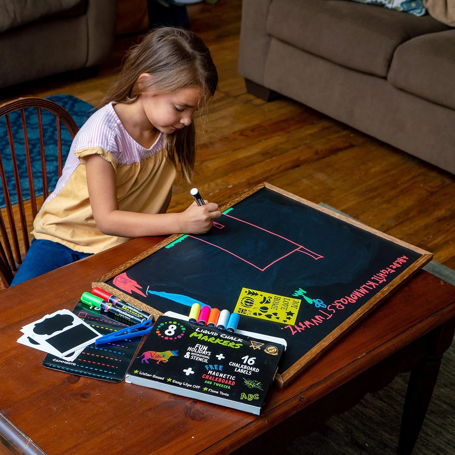 Vaci Markers 8 Liquid Chalk Markers with Magnetic Blackboard, Stencils & Labels - Image 9