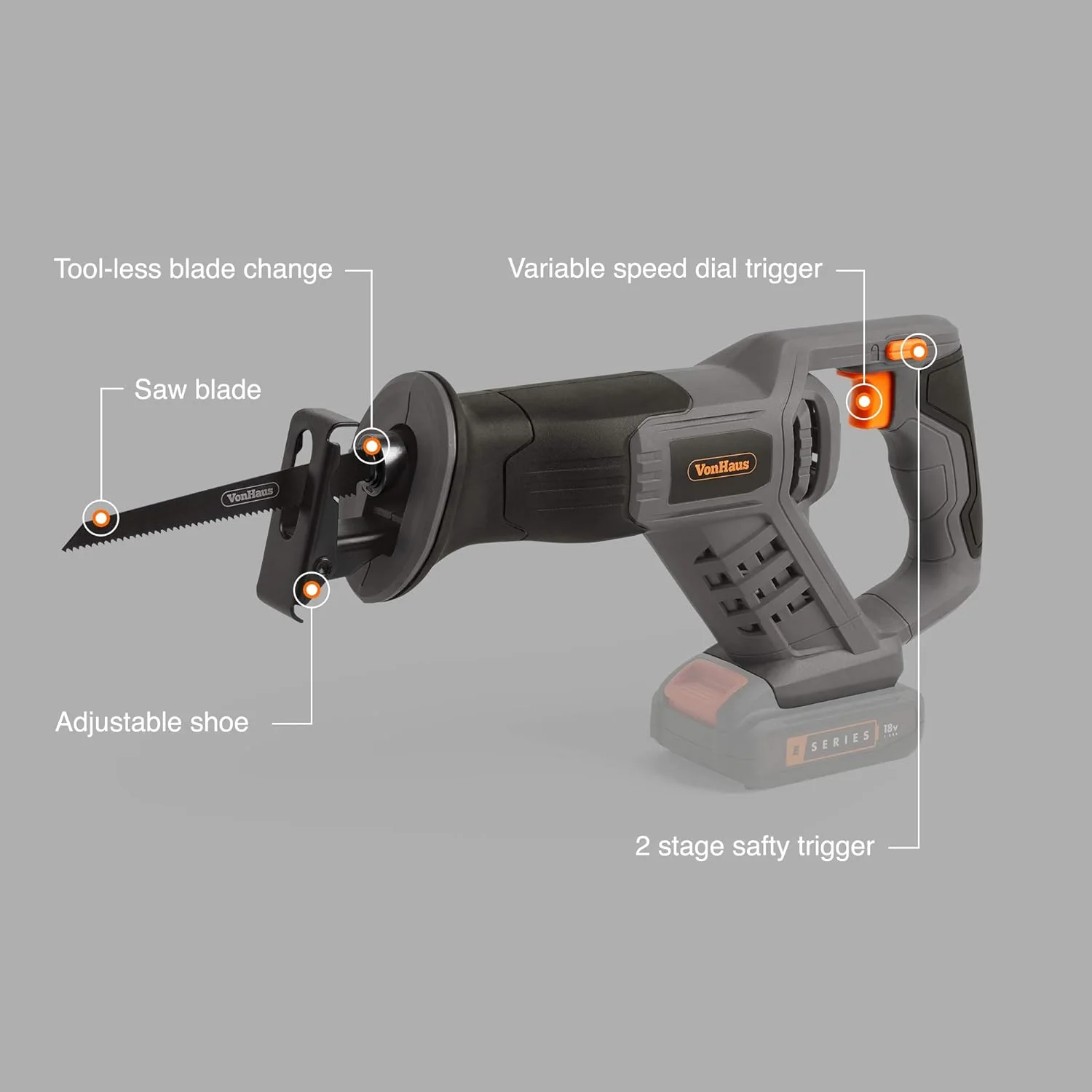 VonHaus E-Series 18V Cordless Reciprocating Saw Tool - Image 2