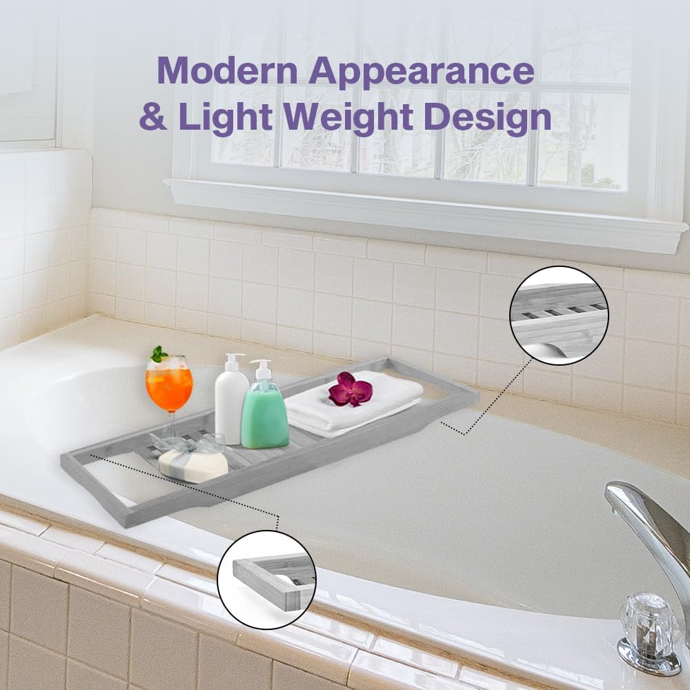 Premium Wooden Bath Tub Caddy Tray - Grey - Image 4