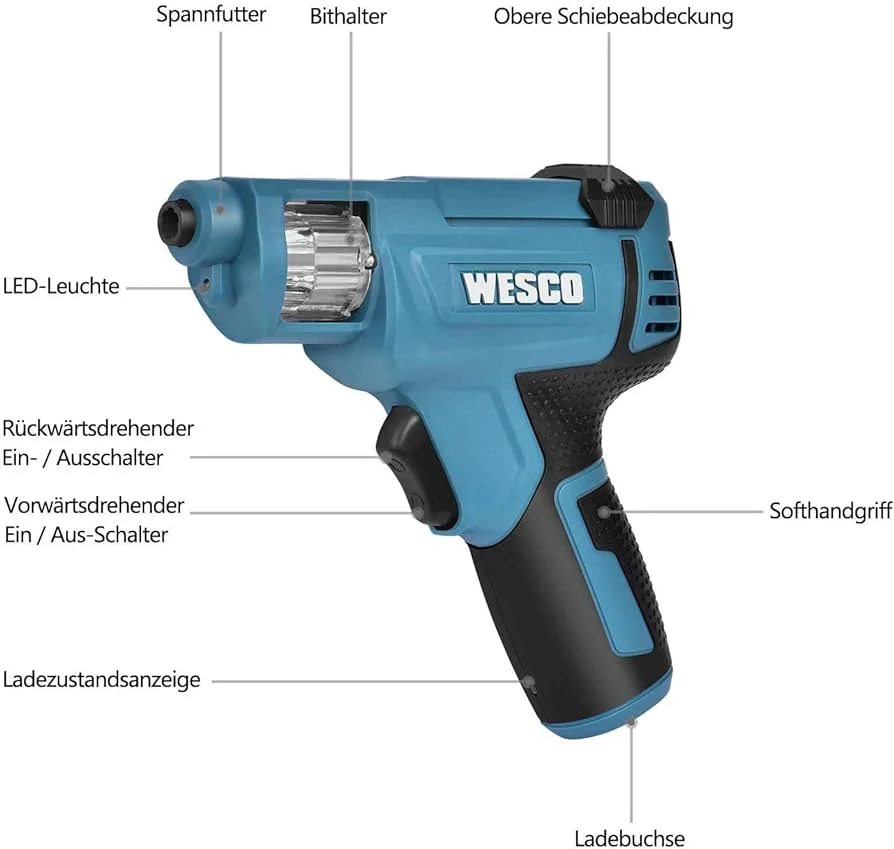 Wesco 3.6 Volt Lithium Screwdriver, Powerful, With Led Light, 6 Bits Included - Image 4