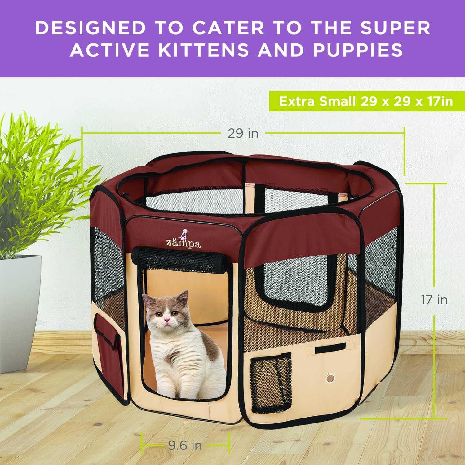 Zampa Pet Pop Up Dog Playpen Inside or Outdoor - Brown (XS) - Image 4
