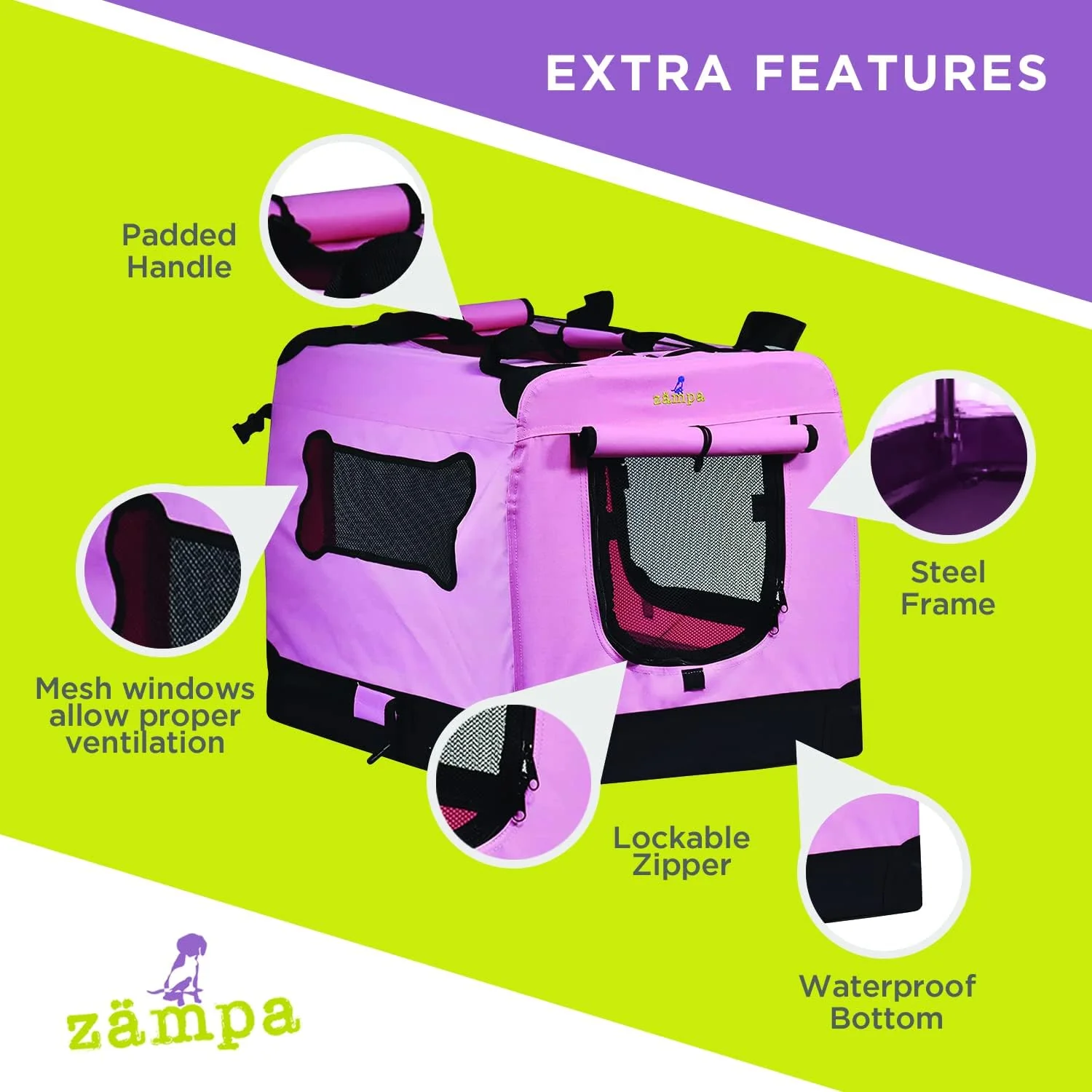 Zampa Portable Soft Dog Cat Pet Crate - Pink (Small) - Image 4