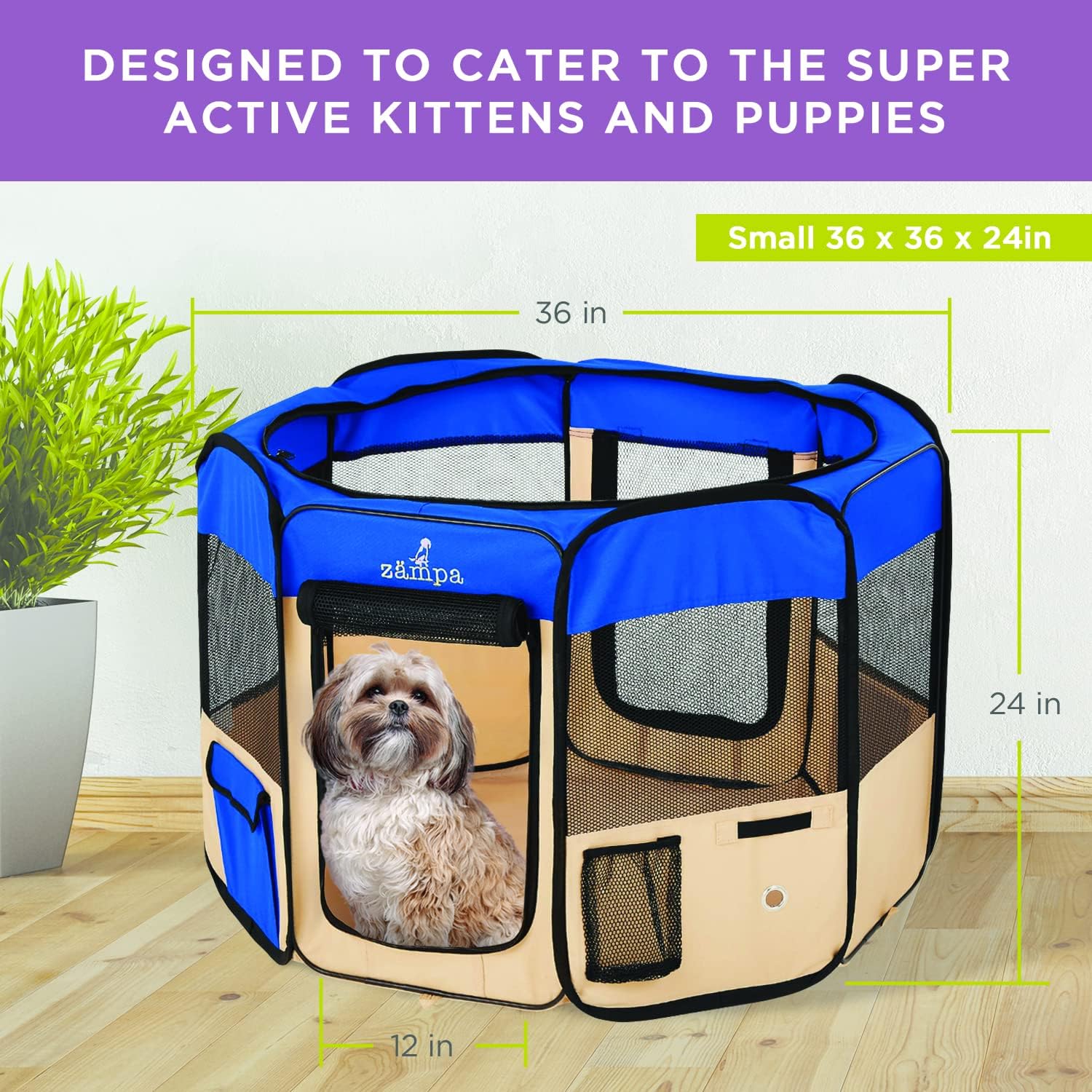 Zampa Popup Soft Pet Dog Puppy Playpen - Blue (Small) - Image 2