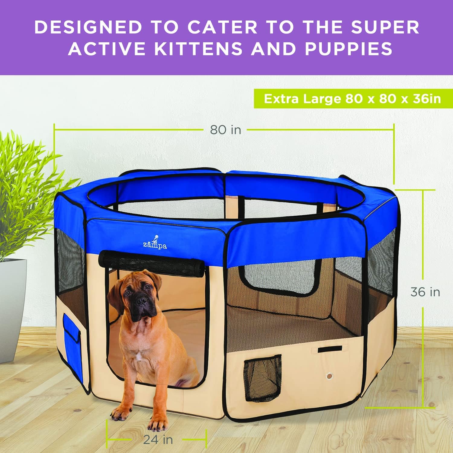 Zampa Popup Soft Pet Dog Puppy PlayPen - Blue XL - Image 3