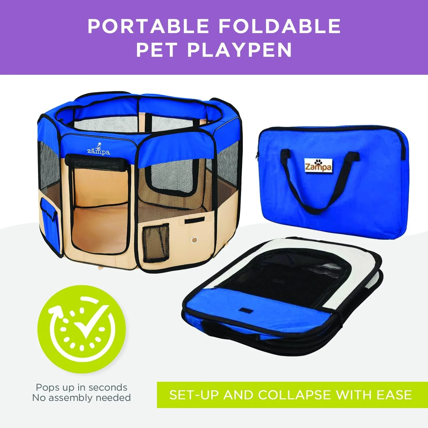 Zampa Popup Soft Pet Dog Puppy PlayPen - Blue XL - Image 5