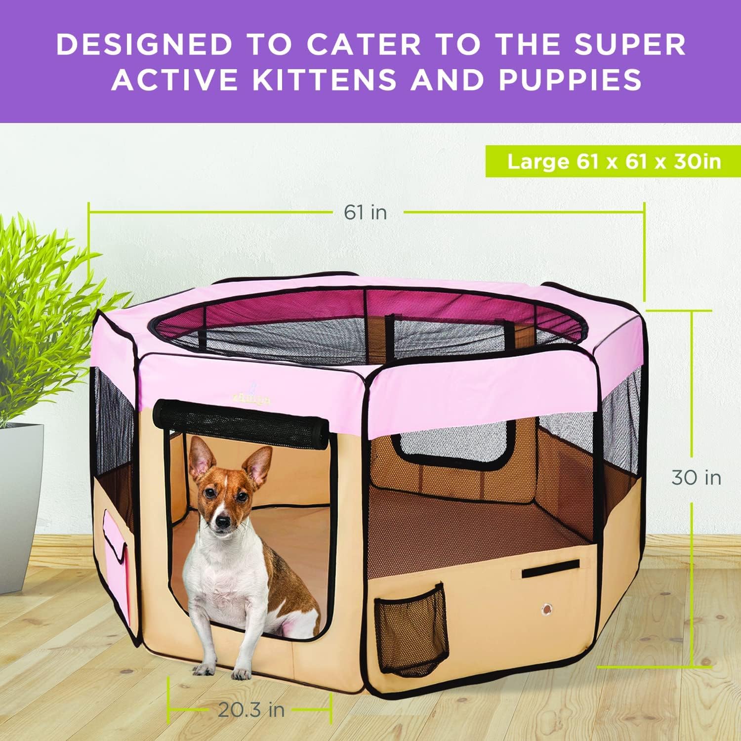 Zampa Popup Soft Pet Dog Puppy PlayPen - Light Pink - Large - Image 4