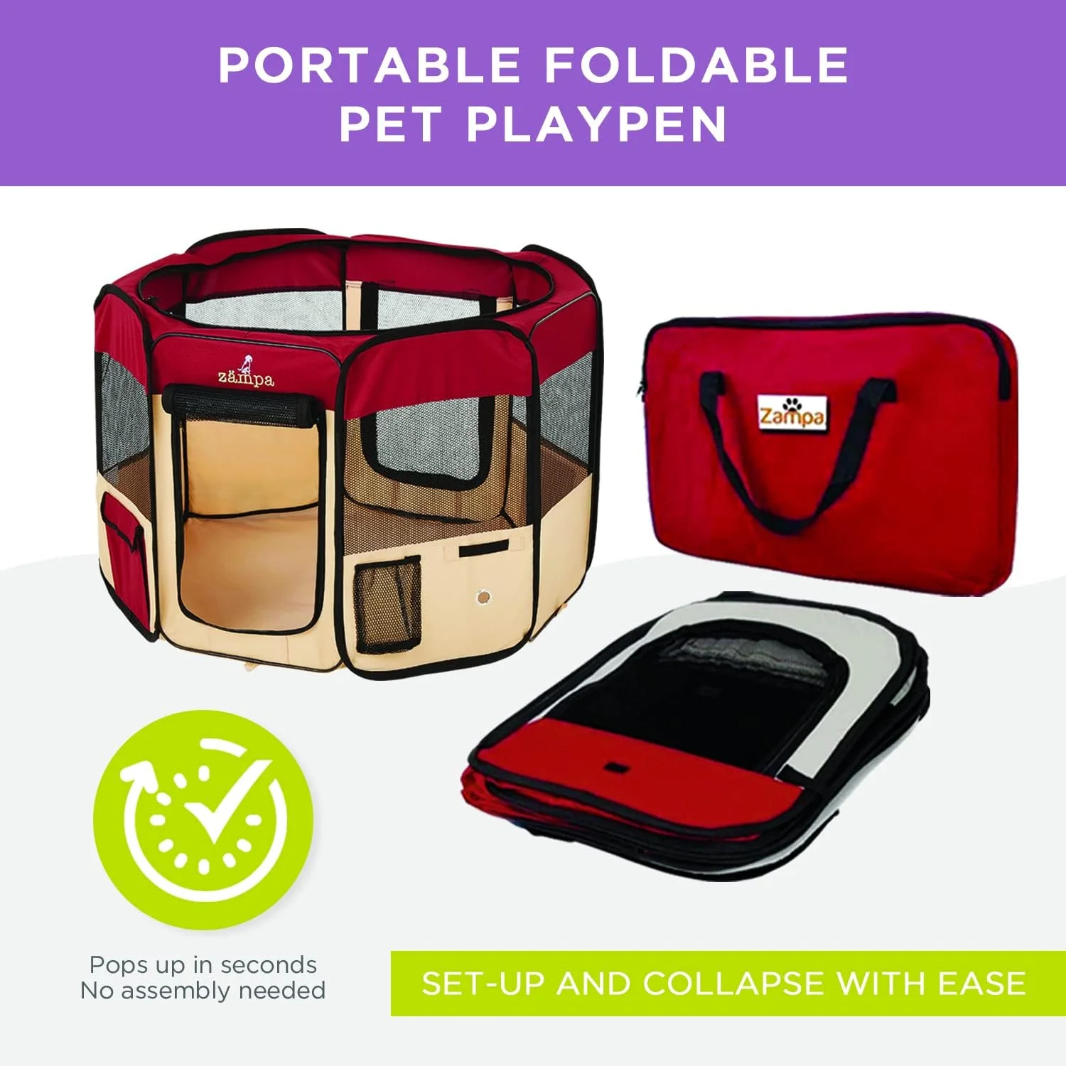 Zampa Popup Quick Assembly Soft Pet Dog Puppy PlayPen - Red (Small) - Image 6