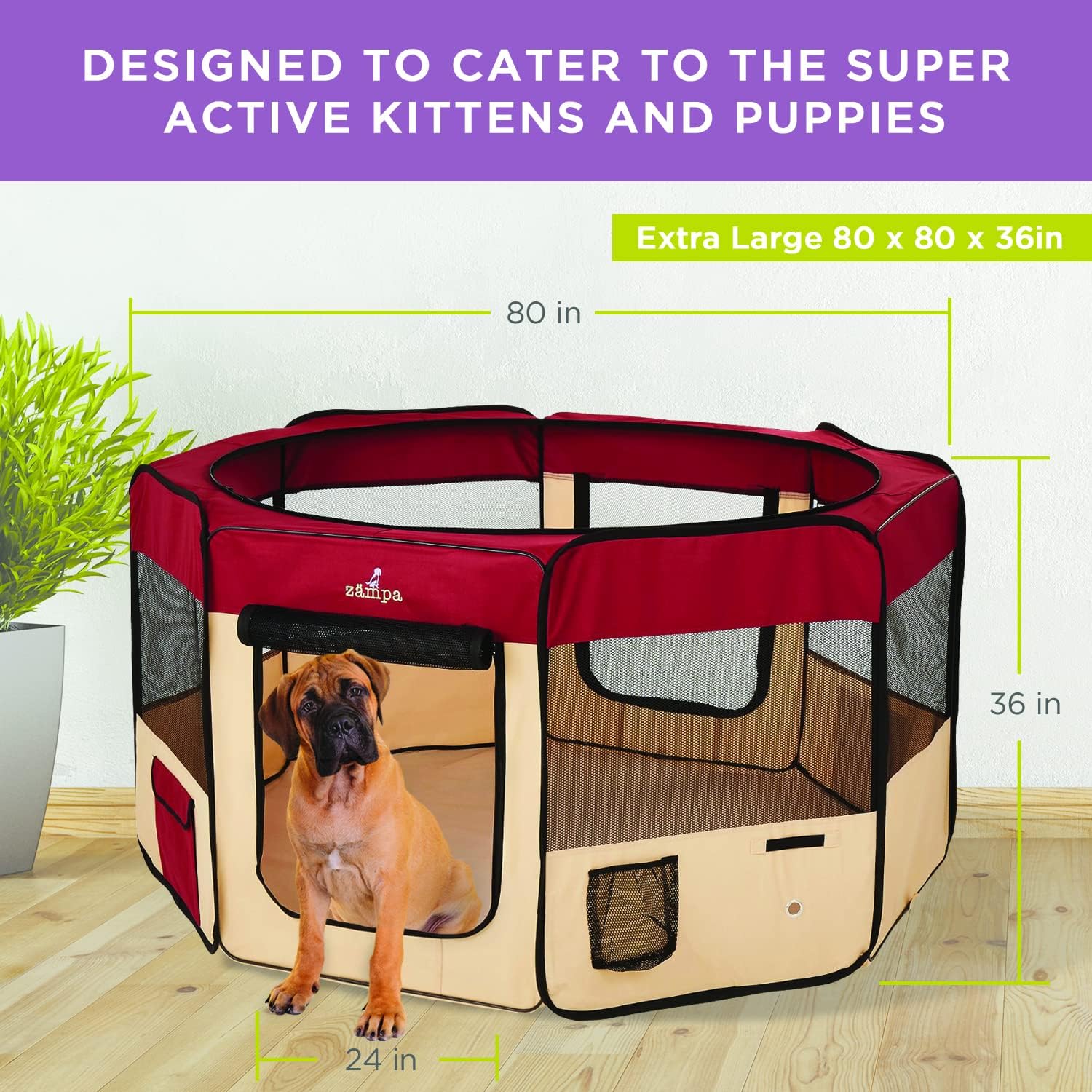 Zampa Popup Soft Pet Dog Puppy PlayPen - Red XL - Image 2