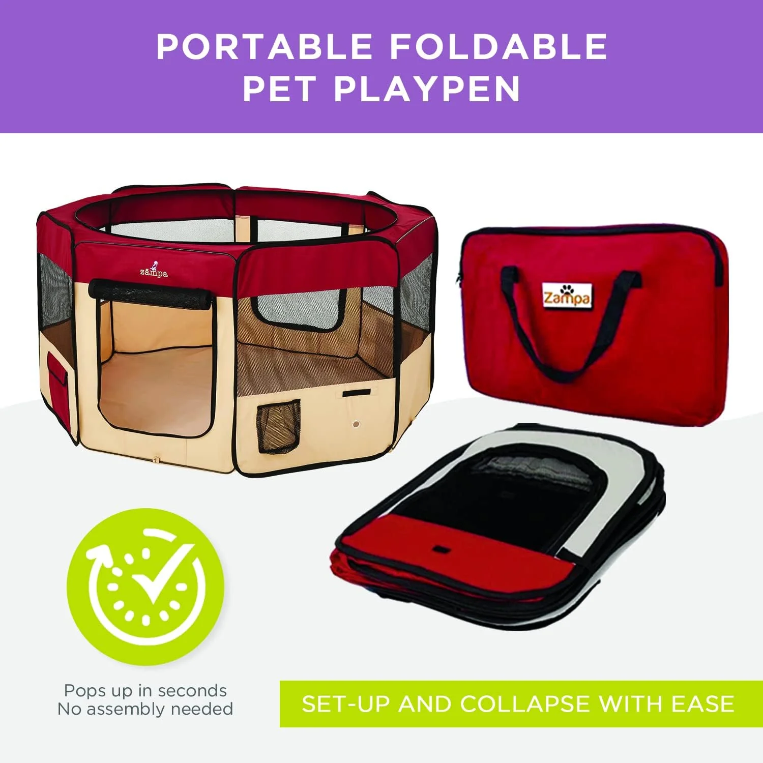 Zampa Popup Soft Pet Dog Puppy PlayPen - Red XL - Image 5